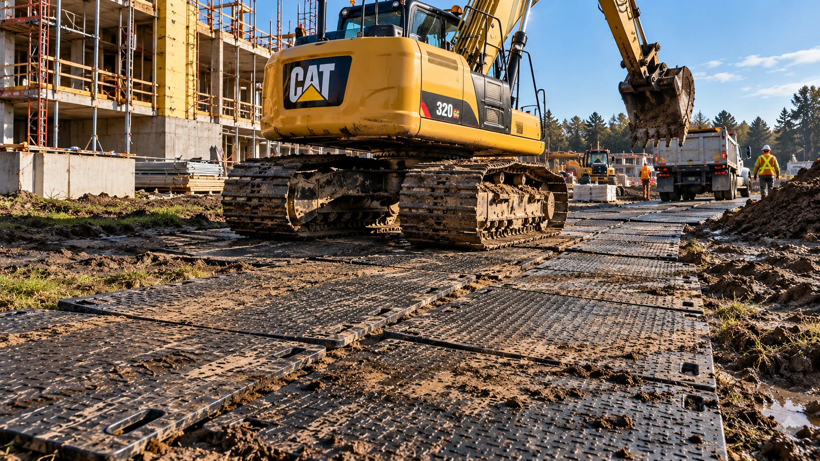 Construction excavator working above hand-laid ground protection mats
