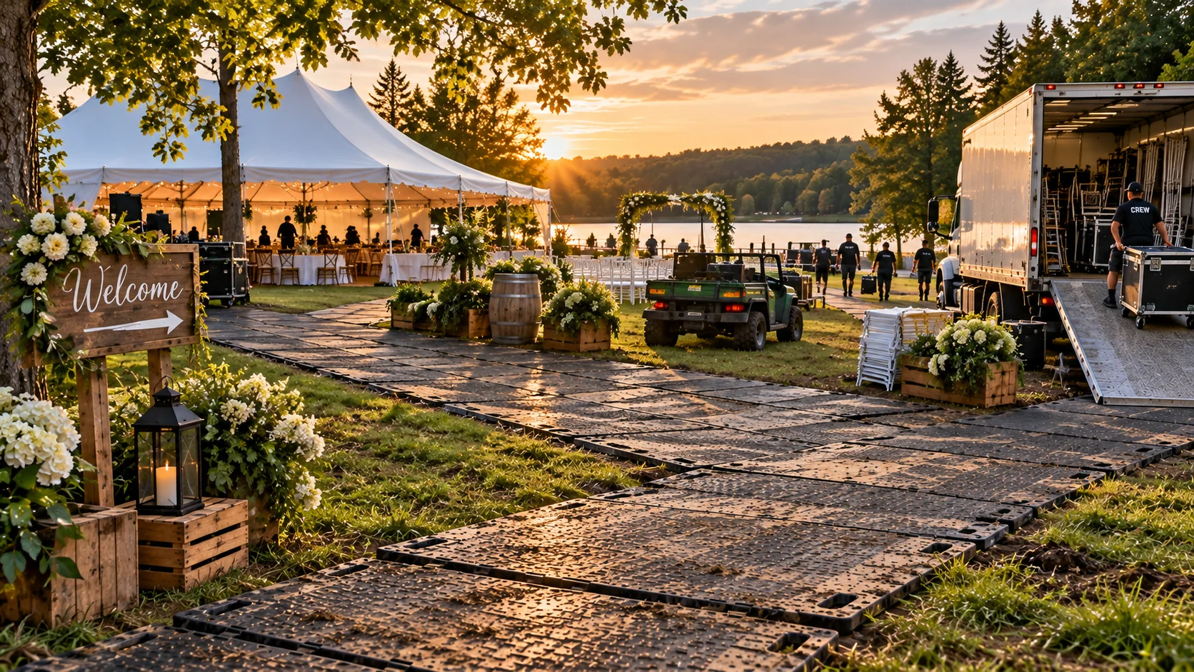 Outdoor event setup with protective mats on a grassy site