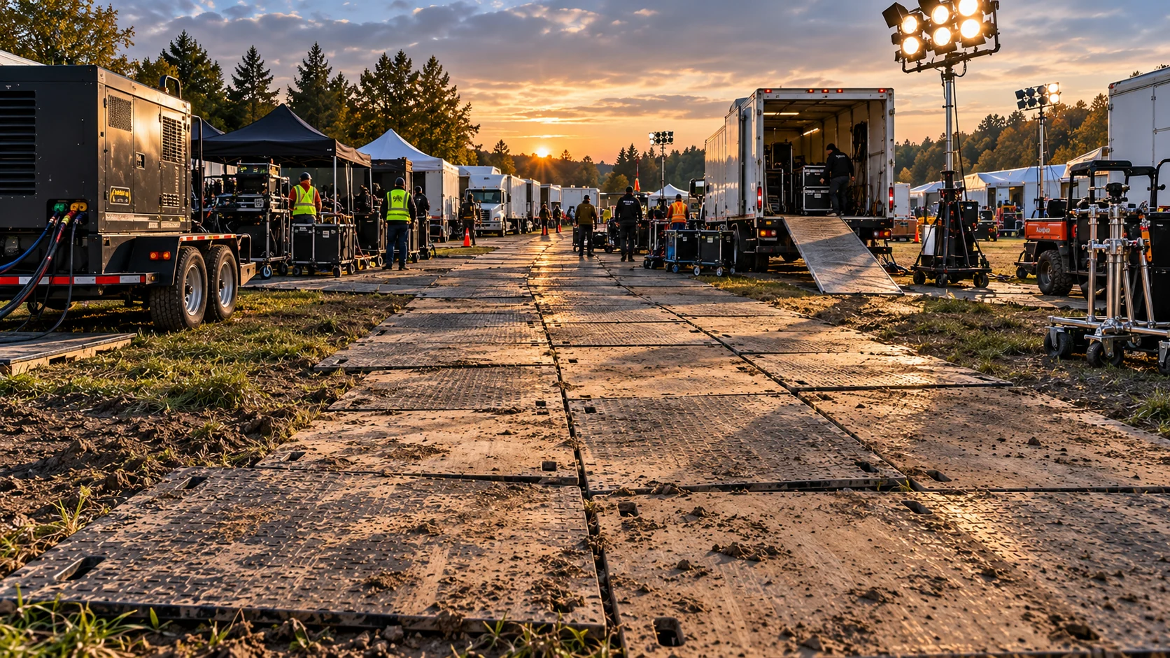 Film production equipment and trucks along a Trak Mat access road