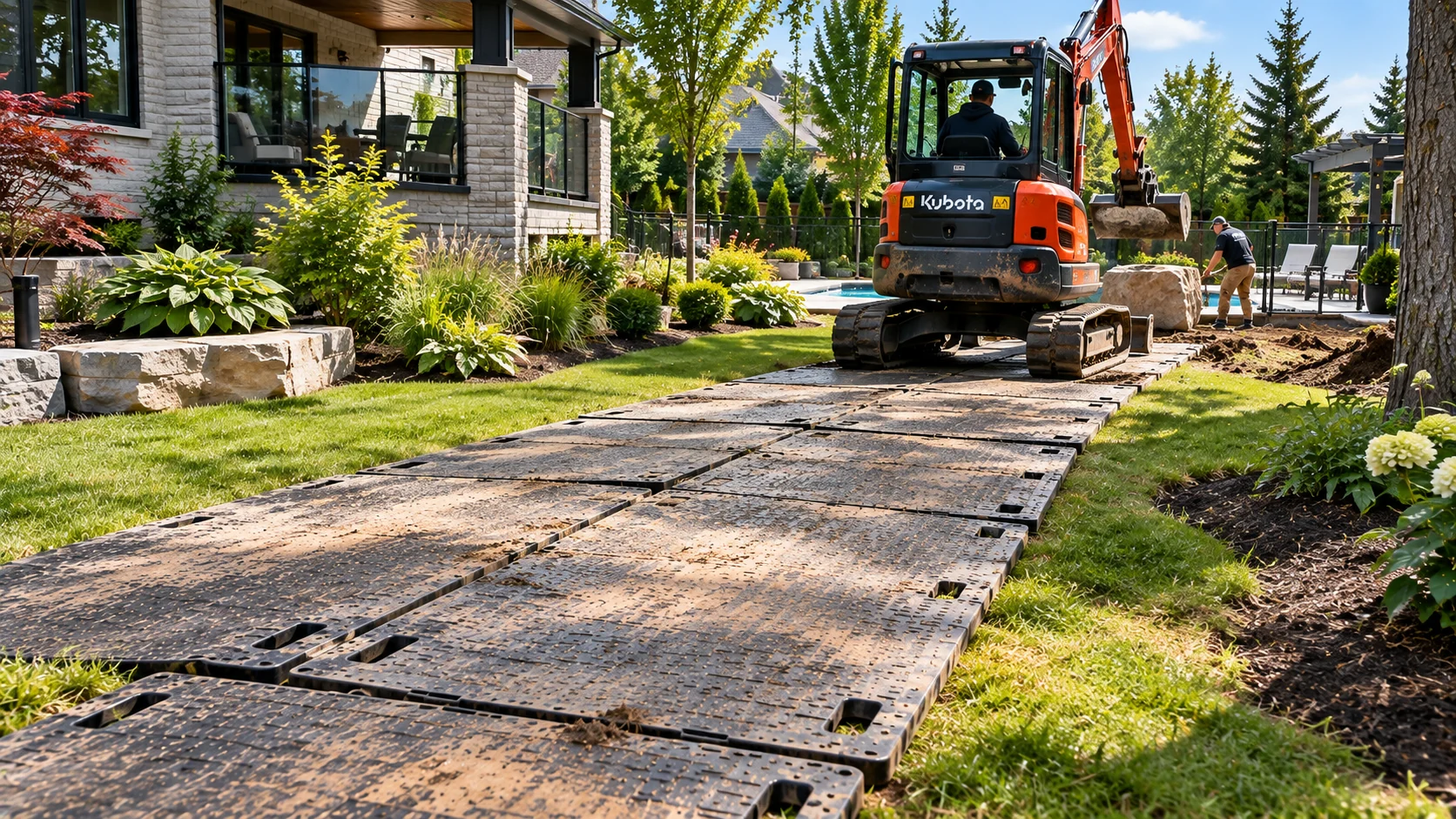 Compact excavator using hand-laid Trak Mat to protect a lawn during residential landscaping work