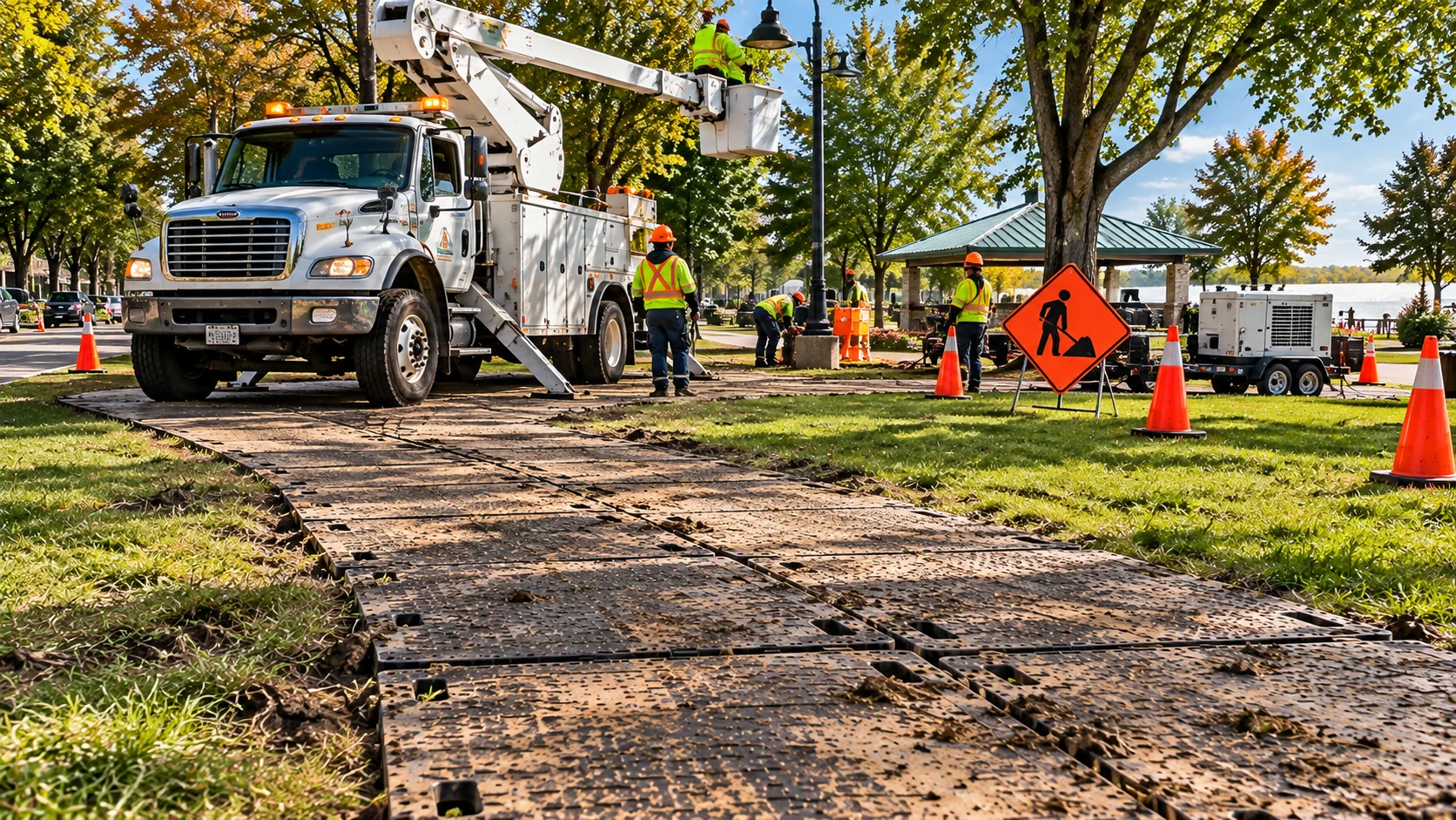 Municipal public works truck using temporary ground protection in a park