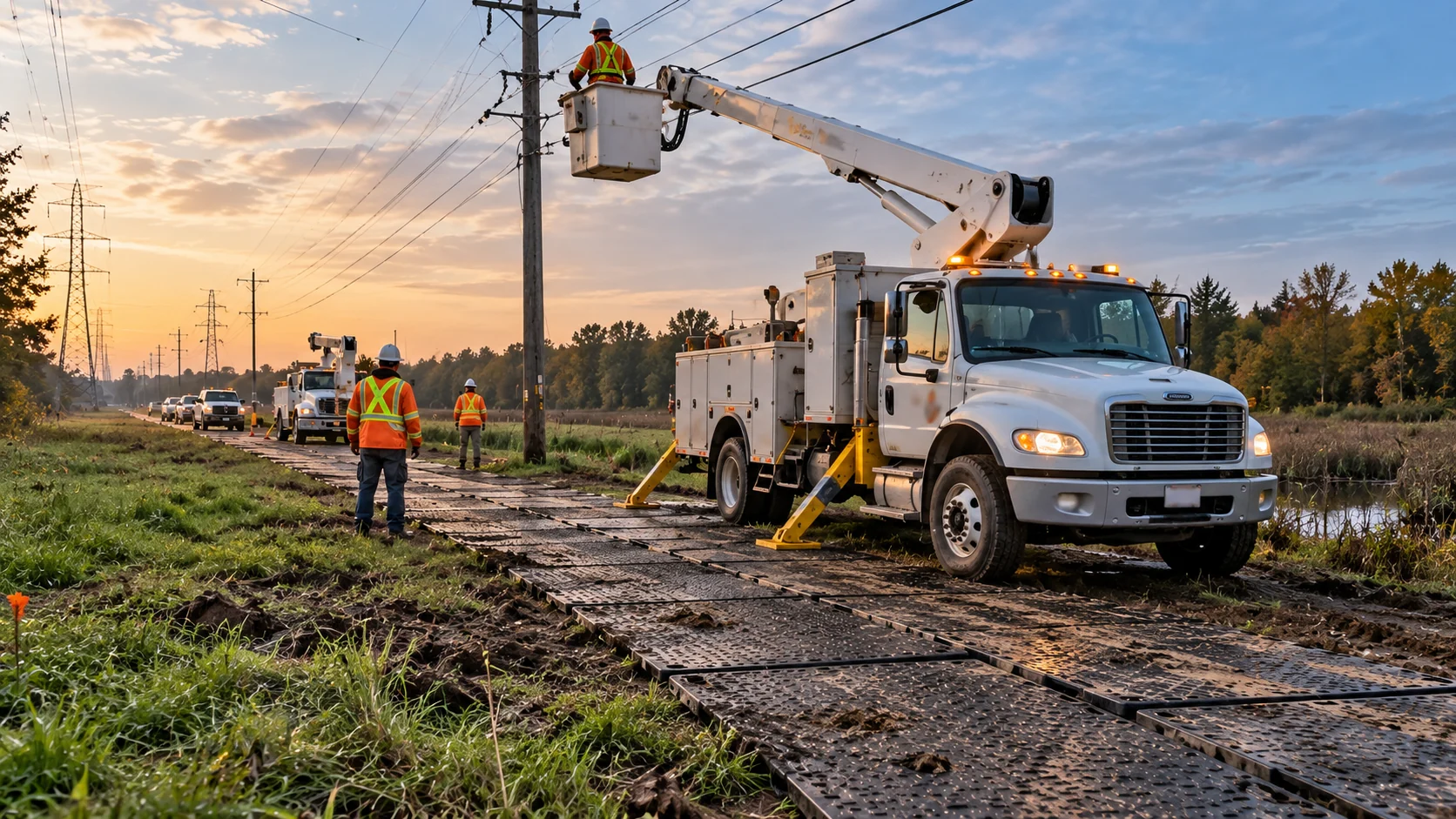 Utility bucket truck working along temporary mat access road