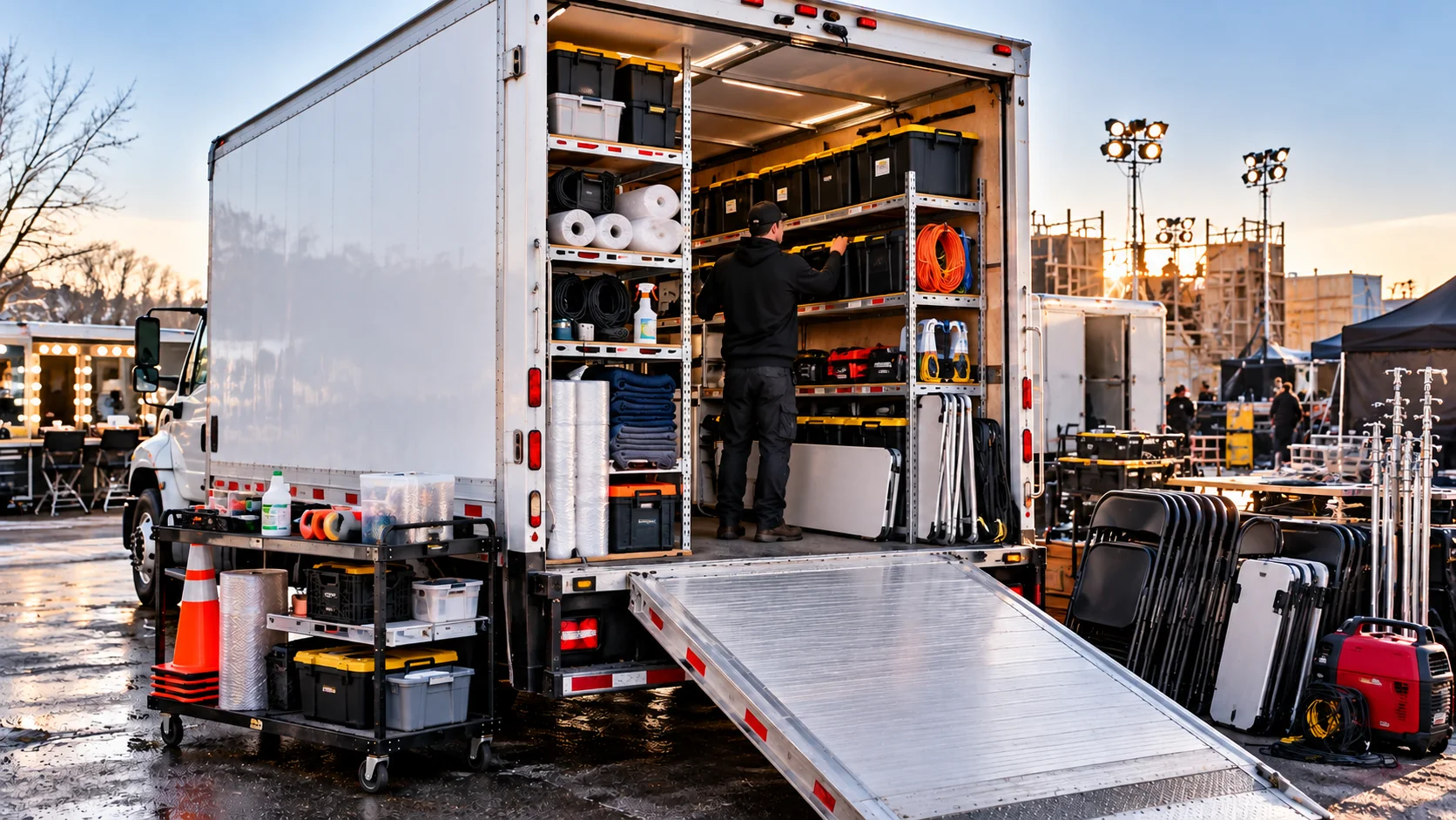 Illustration of a production-rented box truck fitted with removable shelving and organized Locations supplies